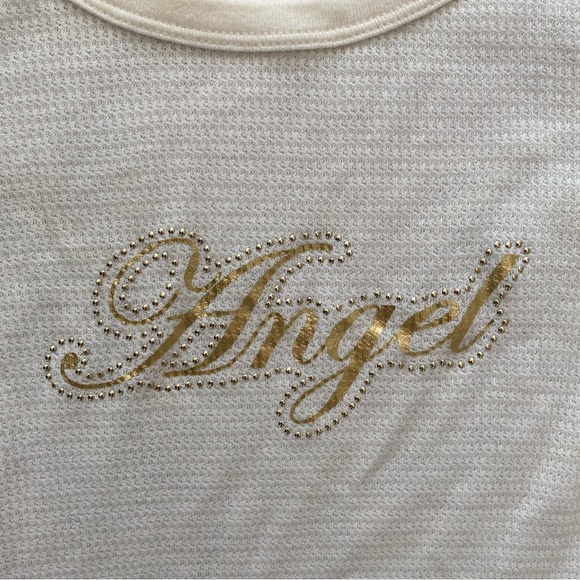 Victoria’s Secret Cream Gold Angel Wings Embellished Thermal Long Sleeve Pj Top - Picture 4 of 10